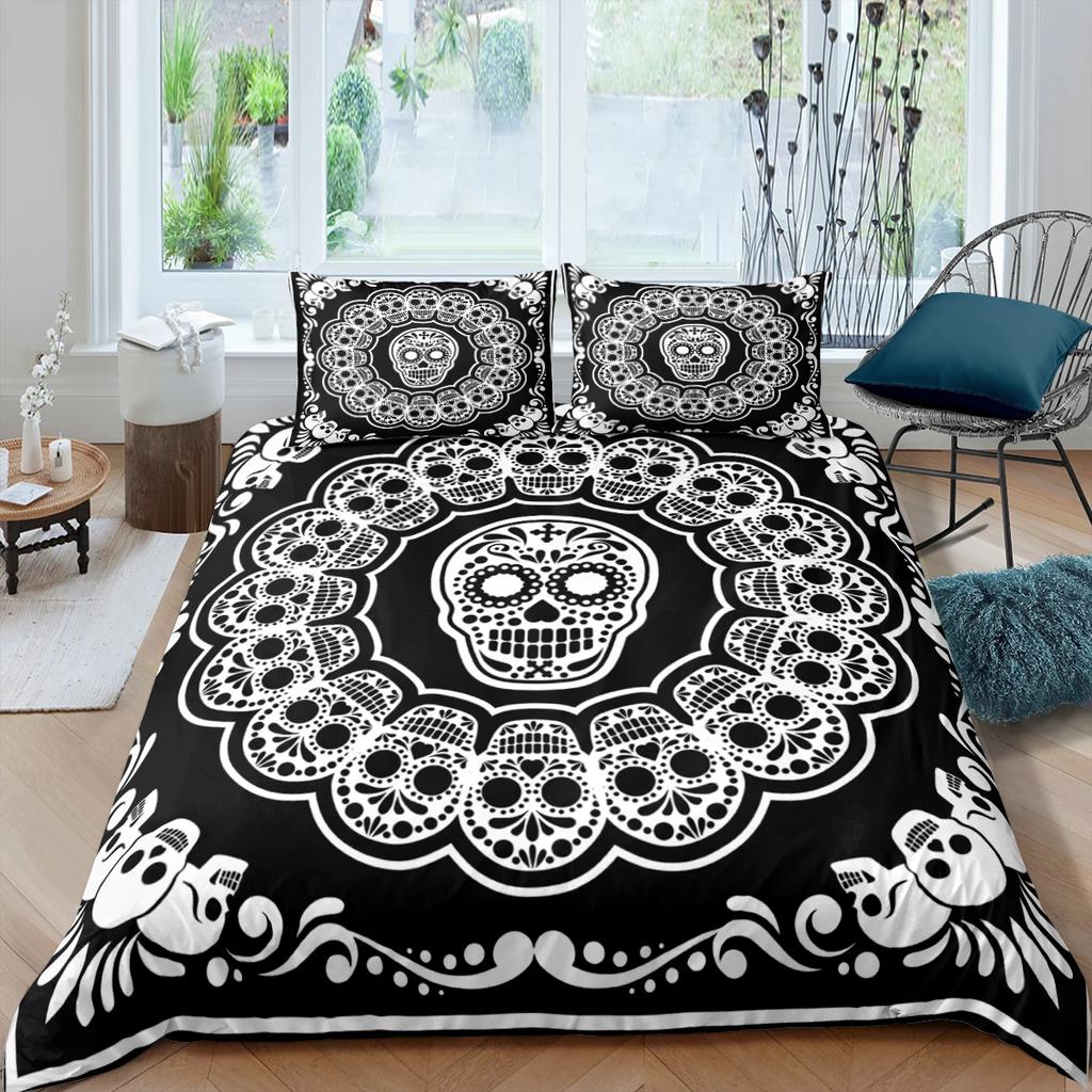 Sugar Skull Bedding Sets King Beauty Kiss Skull Duvet Cover Bed Set Bohemian Print Black Bedclothes Queen Size Bedline