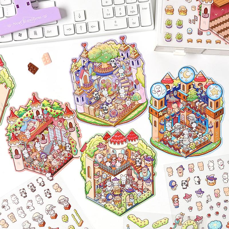 Kawaii Mini Cartoon Rainbow Castle Cabin Landscape Stickers Visual 3D Stacking Miniature Scene Pocket Cabin Children Stickers