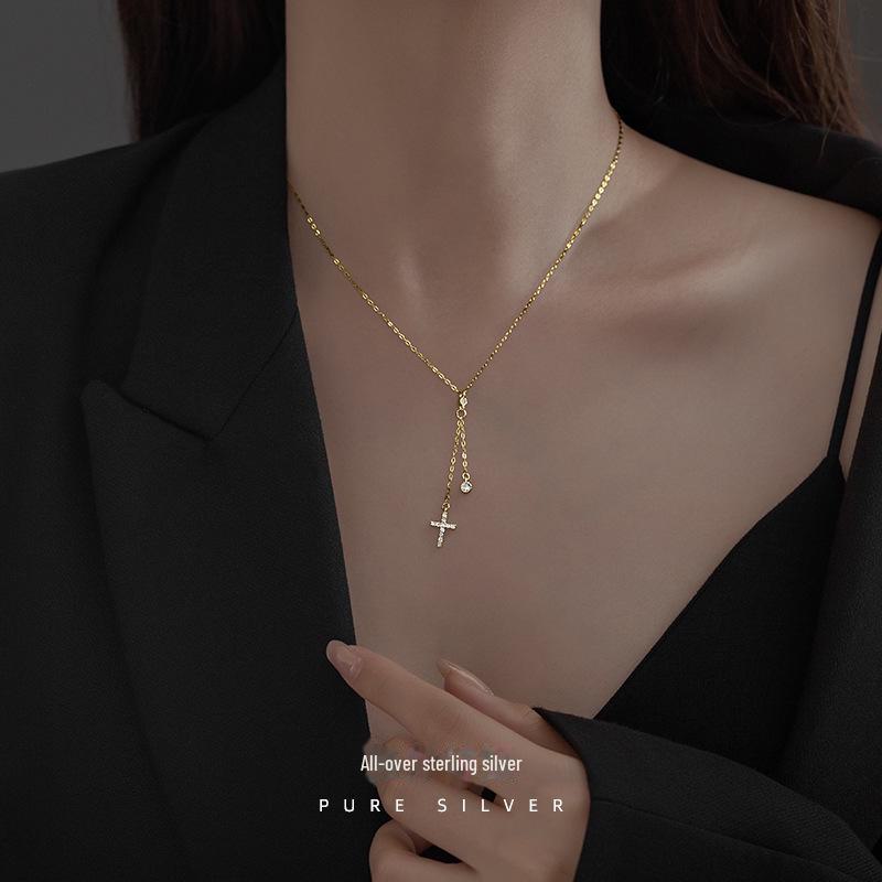 Banyan Tree S925 Silver Cross Clavicle Necklace with Tassel - 2022 Autumn/Winter Fashion Trend