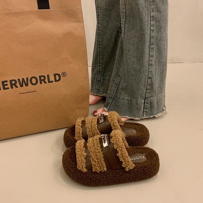 

Пушистые тапочки на толстой подошве, увеличивающие рост, для женской осени 2025 года, новые модели очень хорошо выглядят, модные и из бархата из овечьей шерсти c 40 коричневый