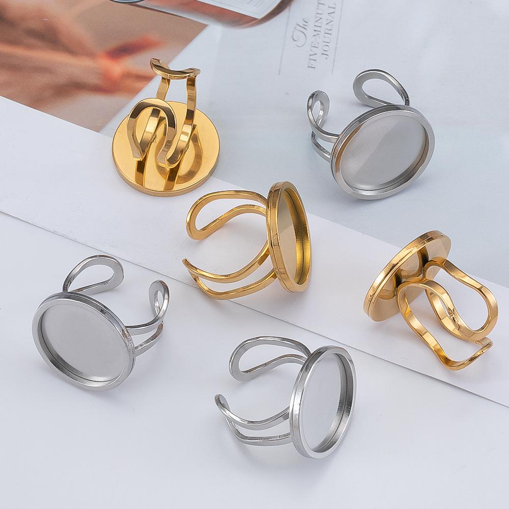 4 Stück Edelstahl Runder Ring Rohling Tablett Verstellbar Offener Fingerring Fassung 10-25mm Cabochon Basis Fassung für DIY Schmuckherstellung