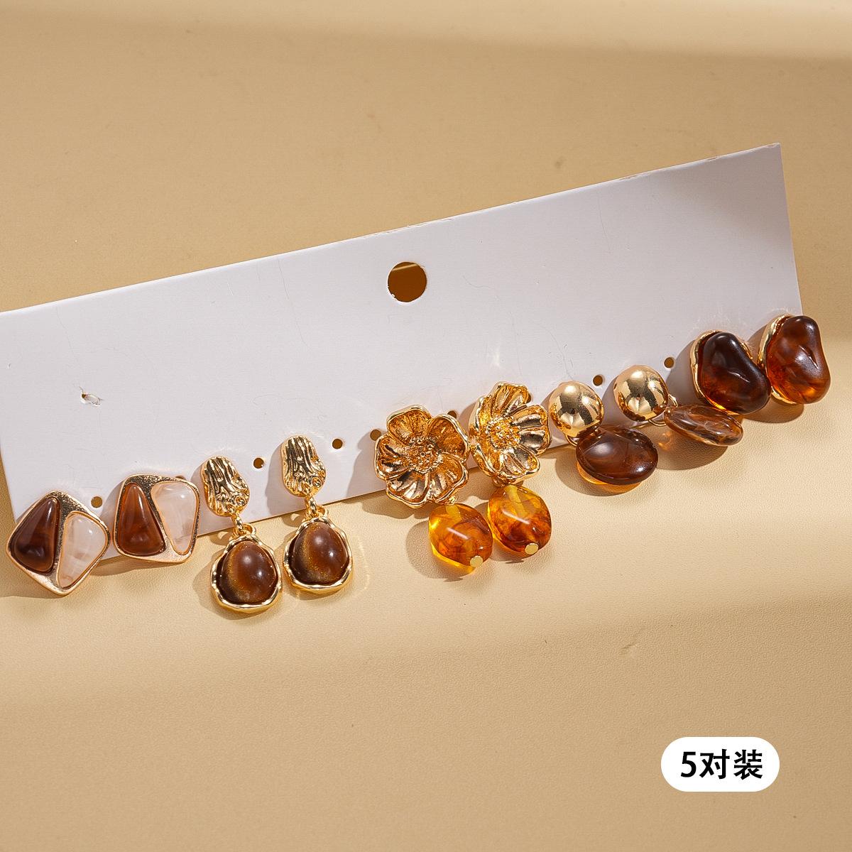 Ten-piece autumn and winter resin water drop flower silver needle earrings Maillard retro earrings