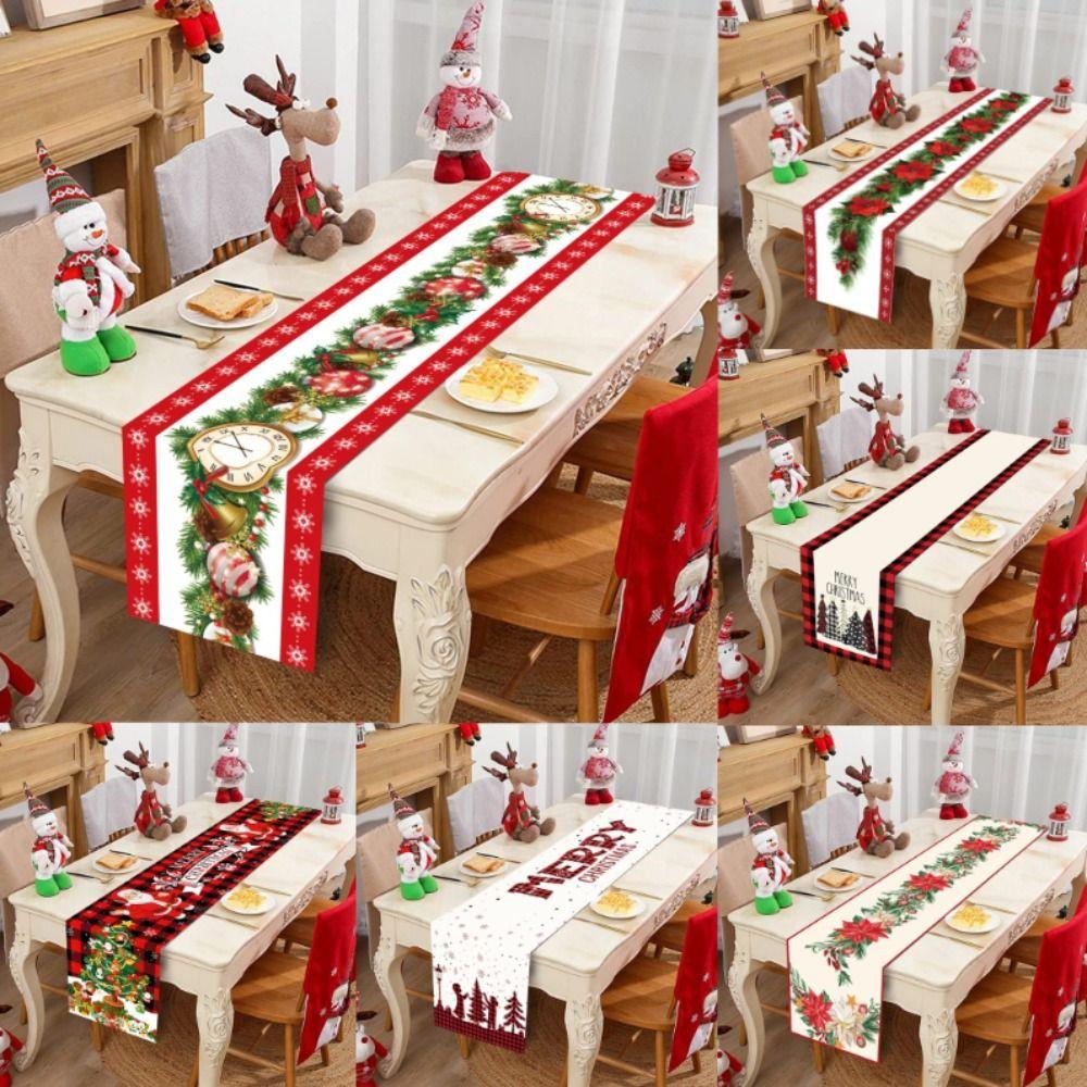 33*183cm Size Christmas Table Runner Polka Dot Cartoon Reindeer Xmas Decorations Reusable Red Linen Dining Table Decoration