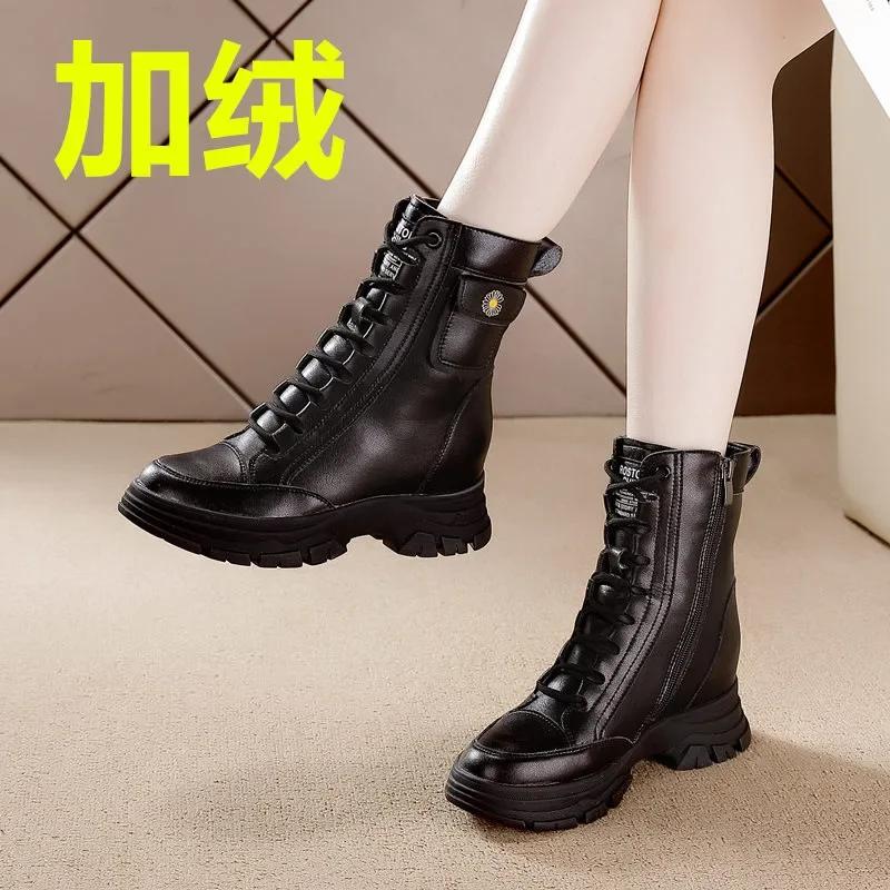 Fashion 7cm Genuine Leather Synthetic Cushioned Platform Wedge Winter Plush Spring Women Spring Durable Ankle Boots Autumn Shoes