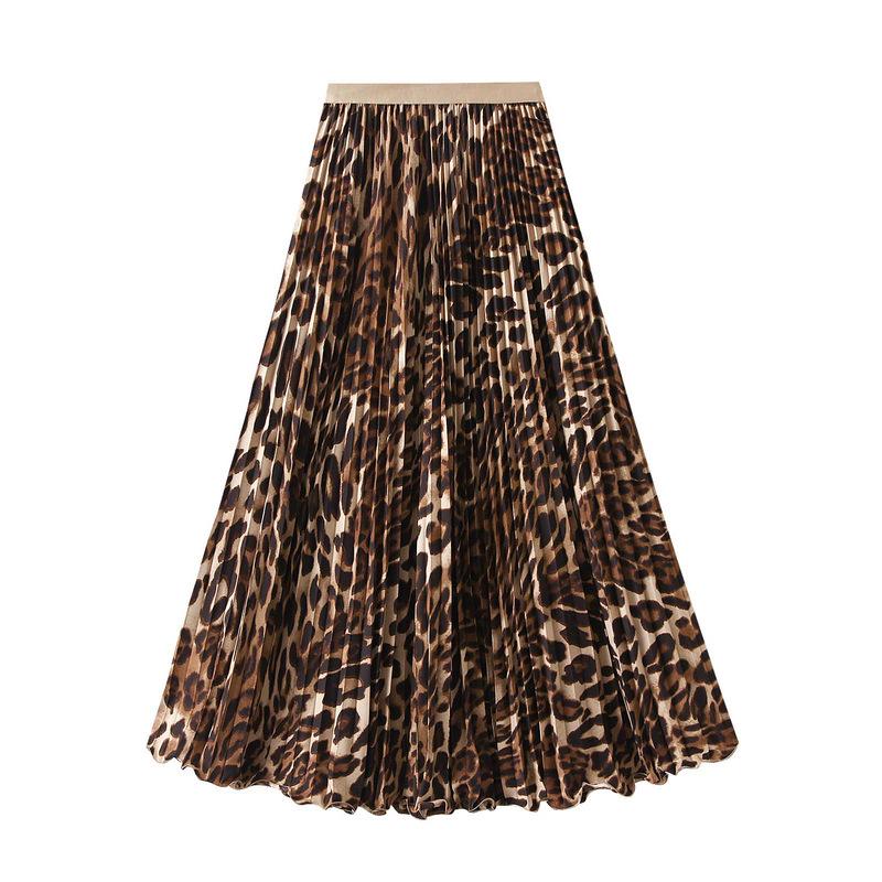 Spring 2026 Retro Leopard Print High Waist Pleated Midi Skirt for Women (D9908)