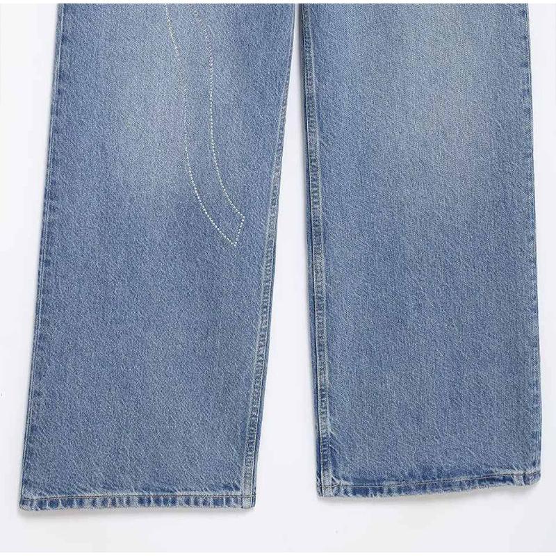 Women's Fashion Slim Fit High Waist Denim Pant Rhinestone Embellished Jeans Street Blue Wash Solid Color Casual Wide Leg Jean 2025 Spring