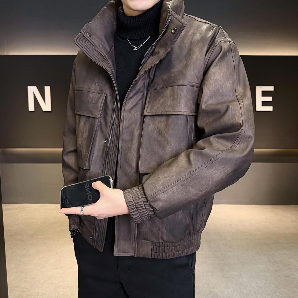 Men's 2025 Lightweight Leather Down Jacket: Stylish Short Winter Coat with Thick Stand Collar for Youth.