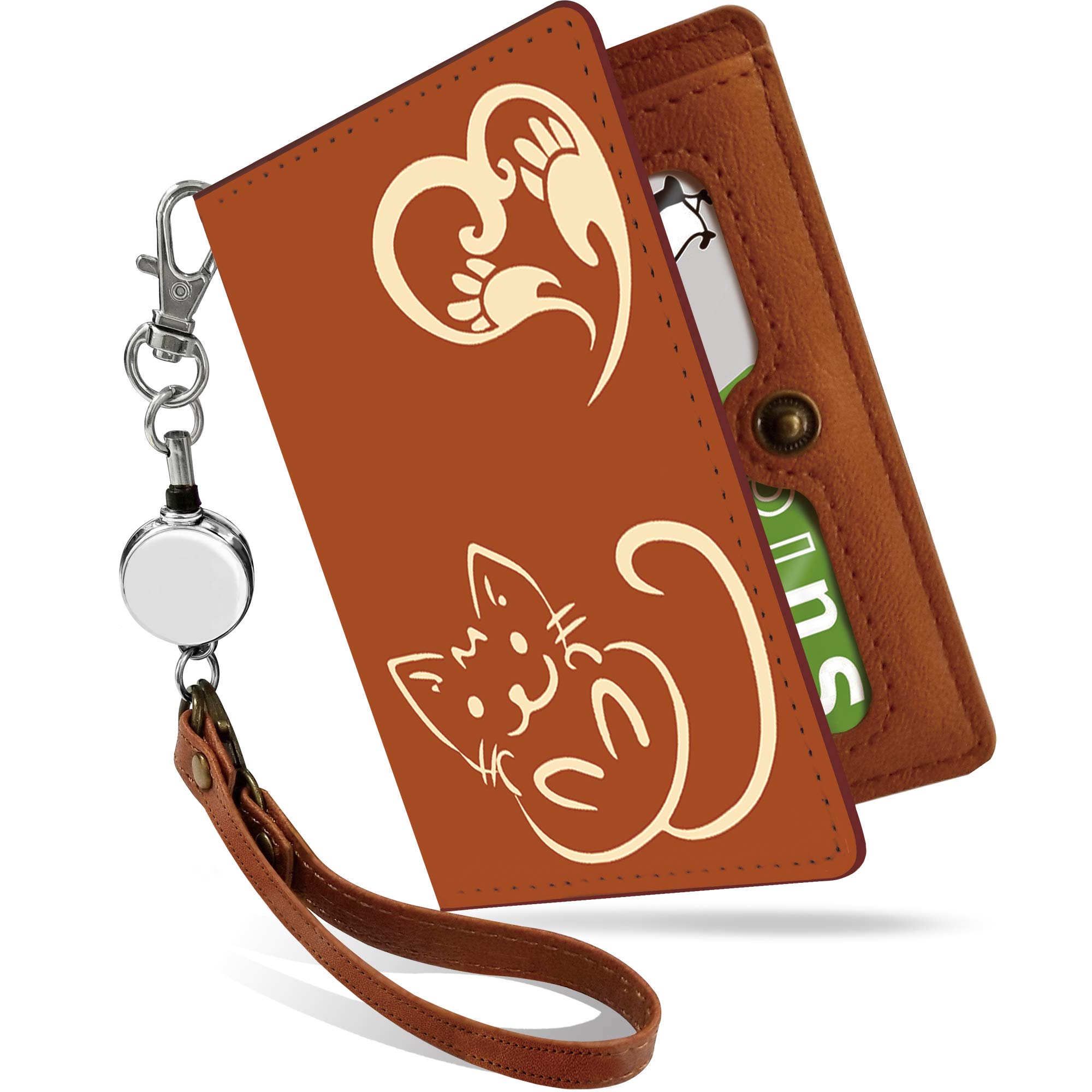 

Pretimo Women s Animal Print Bifold Pass Case with Reel, See-Through Design, Brown [Cat Accent, Camelps]