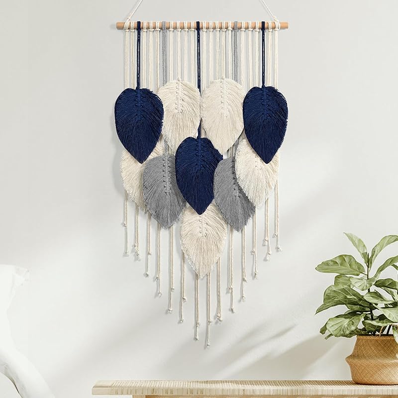 Weldomcor Macrame Wall Hanging Leaf Woven Tapestry Bohemian Chic Wall Hanging Feather Large Handmade Wall Art Decor for Bedroom Living Room Apartment