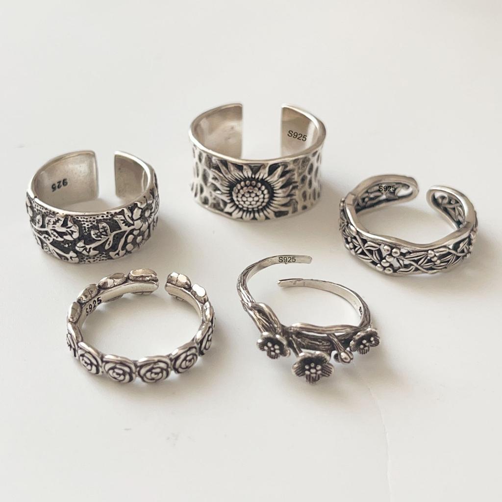 925 Sterling Silber Ringe für Damen Geometrischer Feinschmuck Fingerverstellbar Einfacher Retro Blumenring für Party Geburtstagsgeschenk