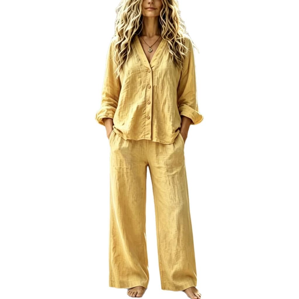 European and American casual suit women's loose and thin V-neck cardigan top + straight wide-leg pants two-piece set
