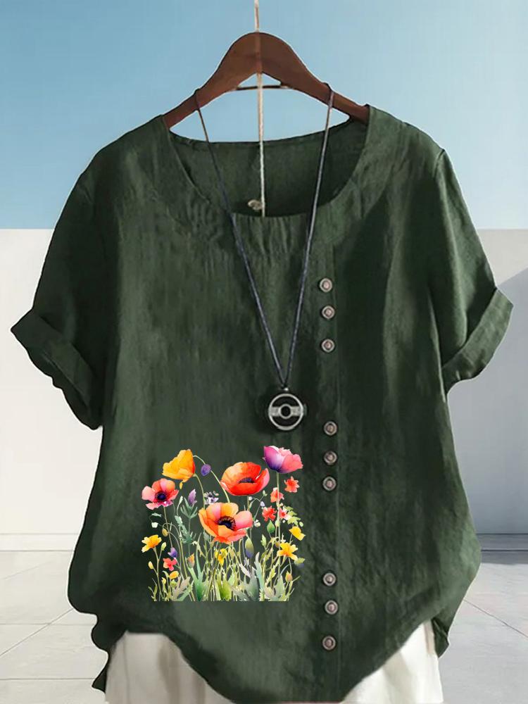 Women's Fashion Flower Print Casual Cotton Linen Short Sleeve Round Neck T-shirt Shirt Leisure Loose Summer Blouse Tops