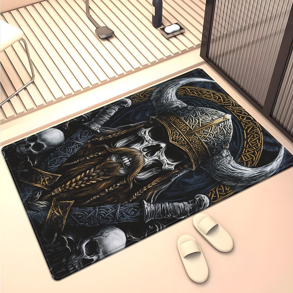 

Viking Skull Warrior Design Crystal Velvet Rug Nordic Theme Living Room Floor Mat Ancient Warrior Art Decorative Carpet for Home 50x 80cm