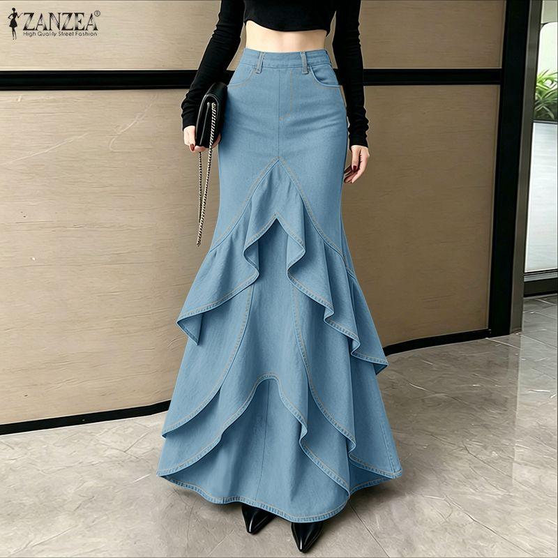ZANZEA Womens Elegant Casual Multi-Layer Ruffled Fishtail Long Skirt
