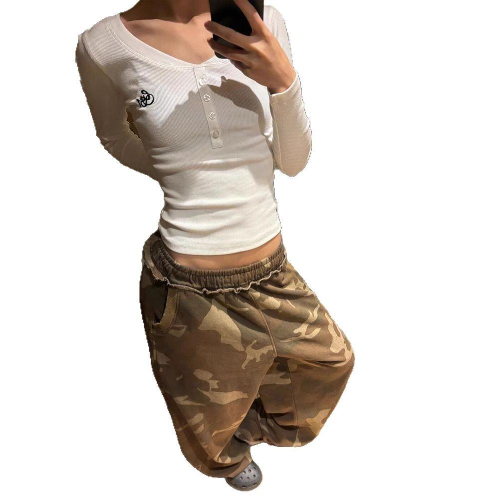 Women's Camo Print Wide Leg Pants with Elastic Waist Band