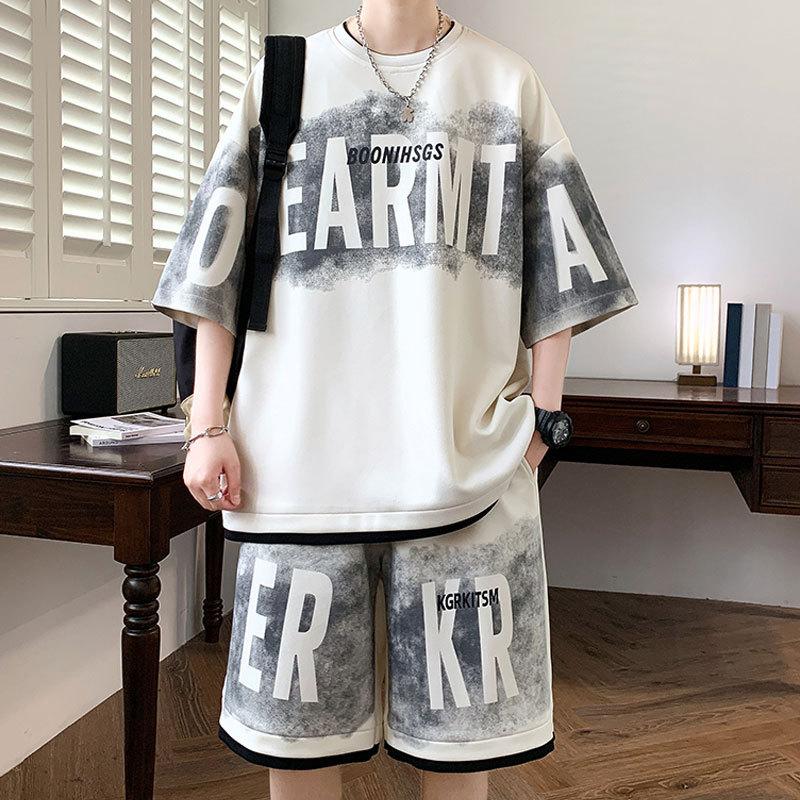 

Summer Men s Large Suit S-6XL Trendy Two Piece Set Korean High Street Fashion T-shirt Shorts Tracksuits Designer Clothes Men M