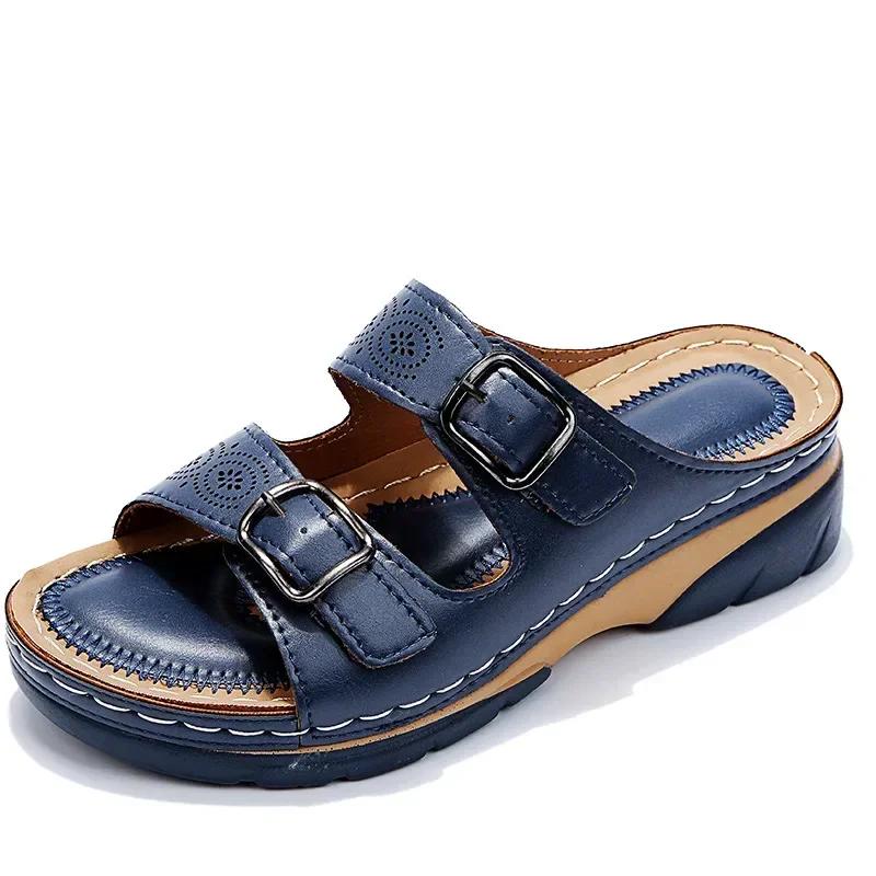 Women Closed Toe Summer Shoes 2025 New Comfort Double Buckle Wedge Ladies Sandals Plus Size Platform Casual Slippers Women