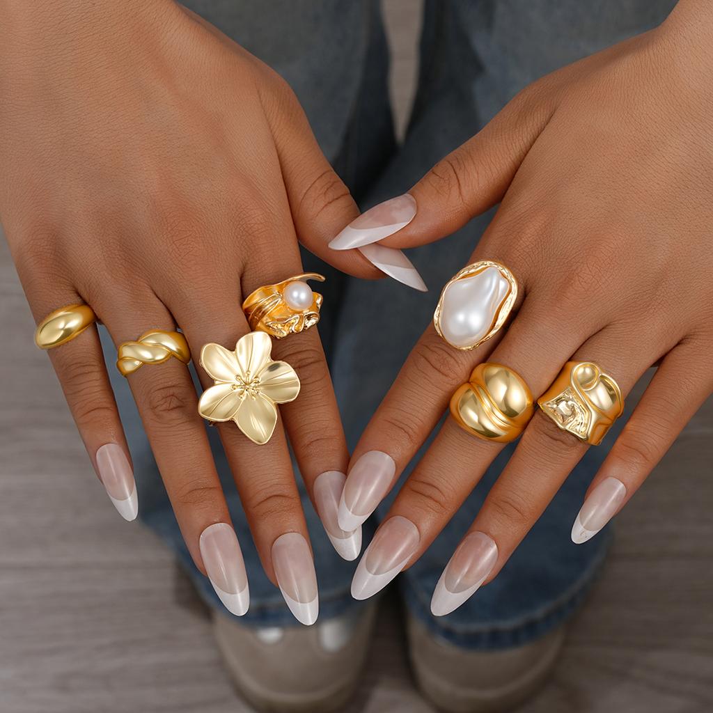 6/7 PCS Geometric Flower Imitation Pearl Rings For Women Vintage Irregular Gold Color Rings Sets Fashion Elegant Party Jewelry