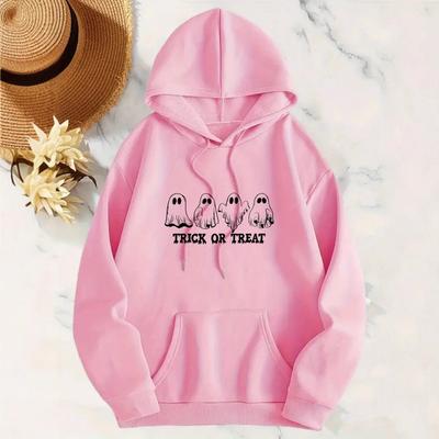 Ladies Spring Autumn Casual Sports Hooded Loose Long Sleeve Big Pocket Halloween Ghost Printed Pullover Hoodies Sweatshirt Top