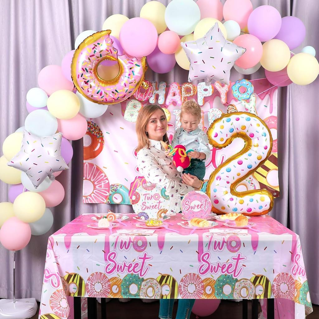 ZOiiWA 143Pcs Two Sweet Birthday Party Decorations Girls Donut Tableware Set Sweet Donut 2nd Party Plates Napkins Backdrop Tablecloth Banner Balloons