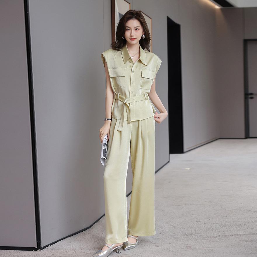 Lässiges Mode-Anzugset Damen Sommer Neues Temperament Ärmelloses Hemd Top Weitbeinige Hose Zweiteiler Business-Kleidung