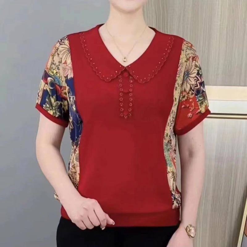 Orange Lace Trim Doll Collar Short Sleeve Floral Print Patchwork Blouse for Women