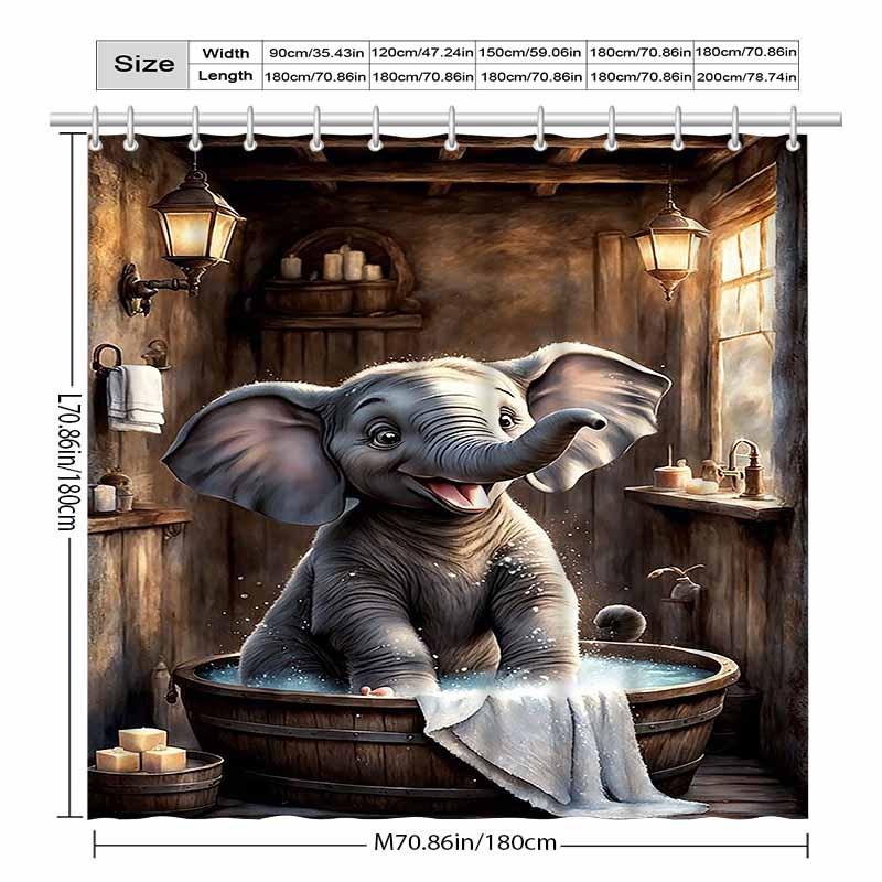 Cute Baby Elephant Shower Curtain Elephant In Wooden Bathtub Artistic Design Kids Room Decor Waterproof Fabric Bath Curtain Set