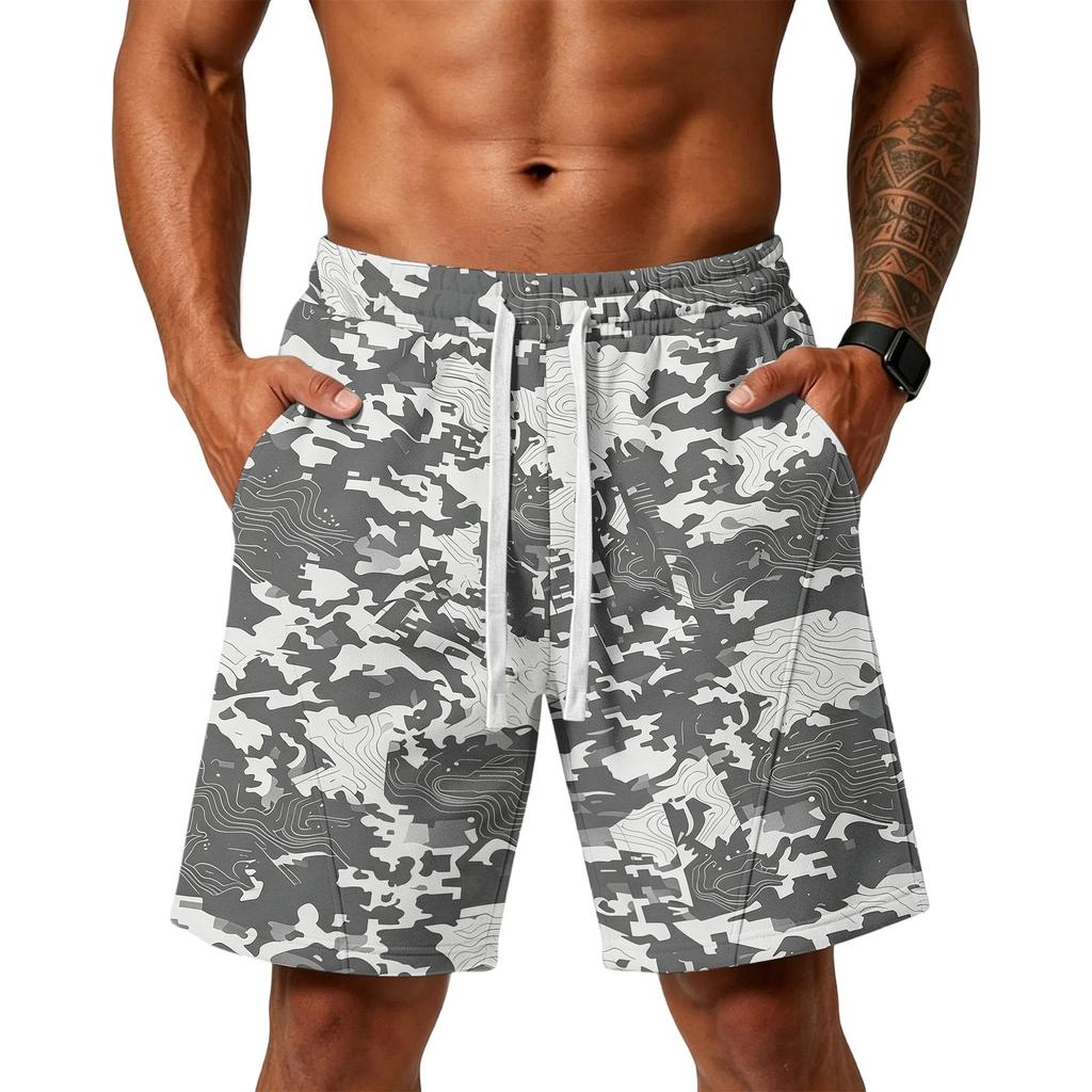 Herren lockere Camouflage-Print Sportshorts mit Taschen für Fitnessstudio Training Laufen Strandbekleidung Kordelzug Taille