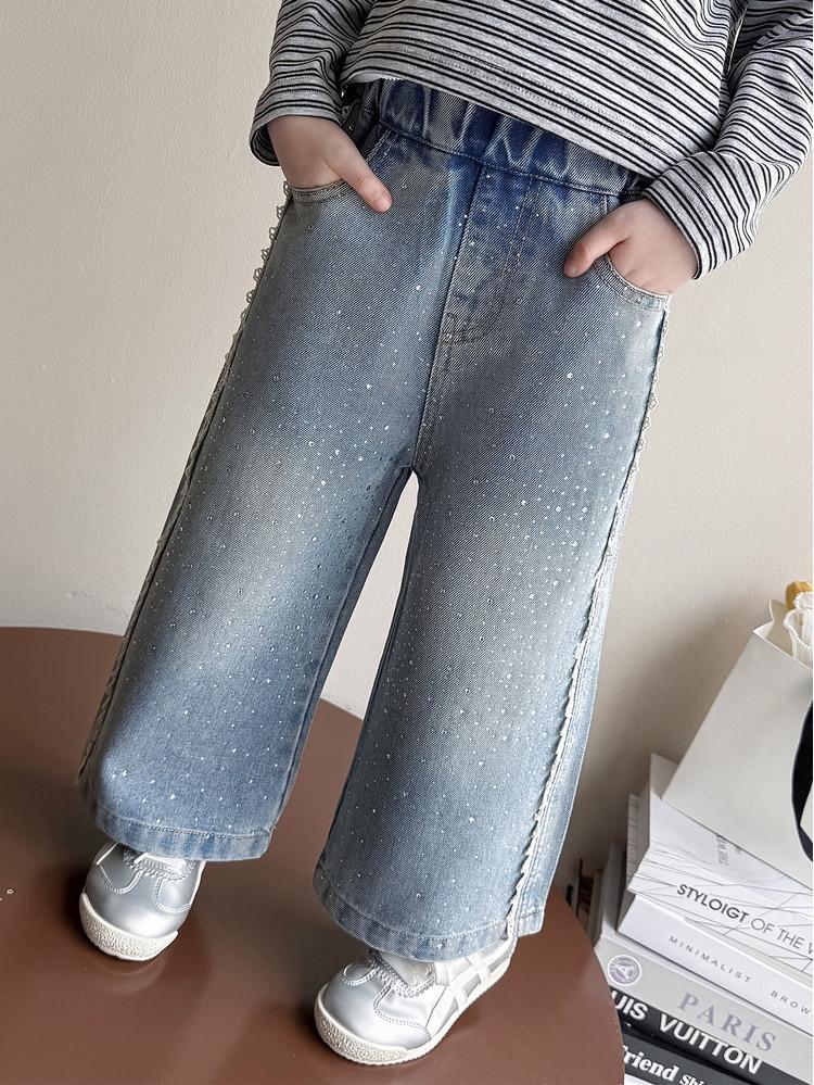 Girls' Rhinestone Lace Denim Pants - Spring/Autumn 2026: Stylish Wide-Leg Fashion for Little Girls