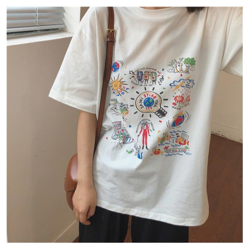 

Белая футболка с короткими рукавами, женская летняя новая корейская свободная принтованная студенческая универсальная одежда для женщин M белый