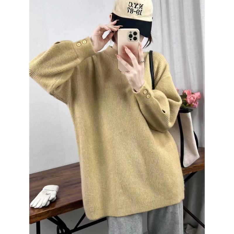Lazy wind thickened loose cuffs button-knitted pullover sweater for women's autumn and winter medium and long inner top for women