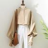 Woman Spring and Autumn Design Lantern Sleeve Stand Collar Blouses Ladies Solid Color Loose Shirts