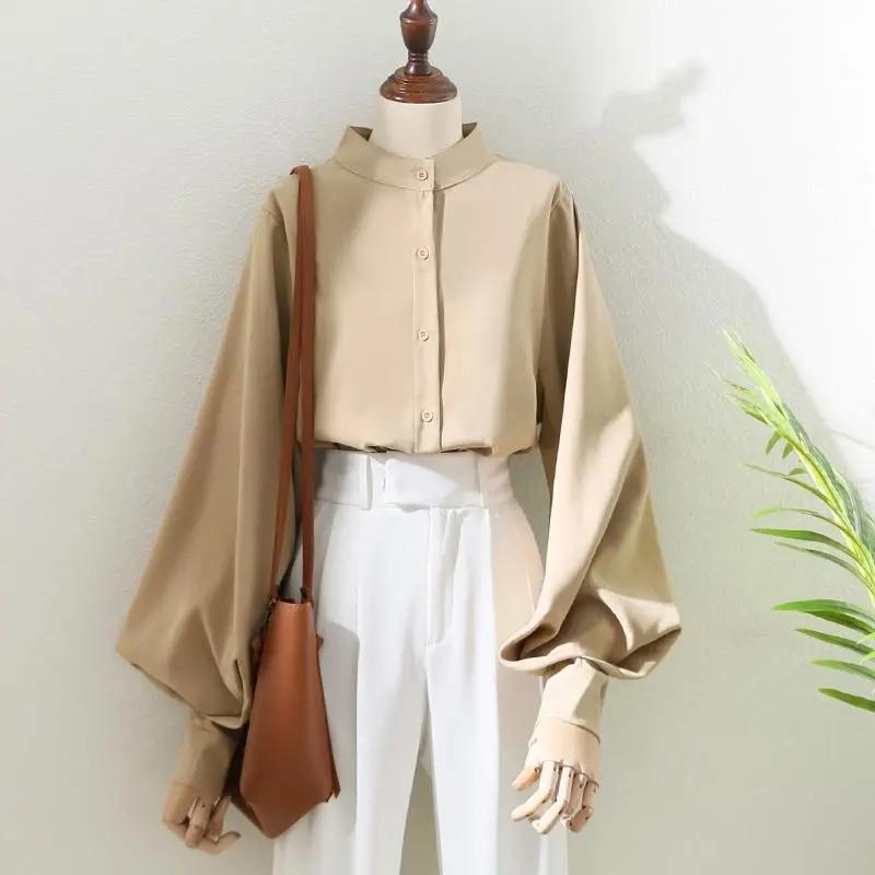 Woman Spring and Autumn Design Lantern Sleeve Stand Collar Blouses Ladies Solid Color Loose Shirts