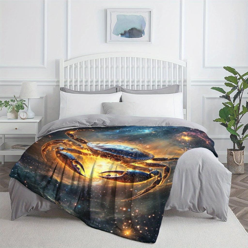 Cosmic Crab Zodiac Cancer Galaxy Space Print Flannel Blanket Astrology Art Soft Cozy Throw Cover Starry Night Sky Decor Blanket