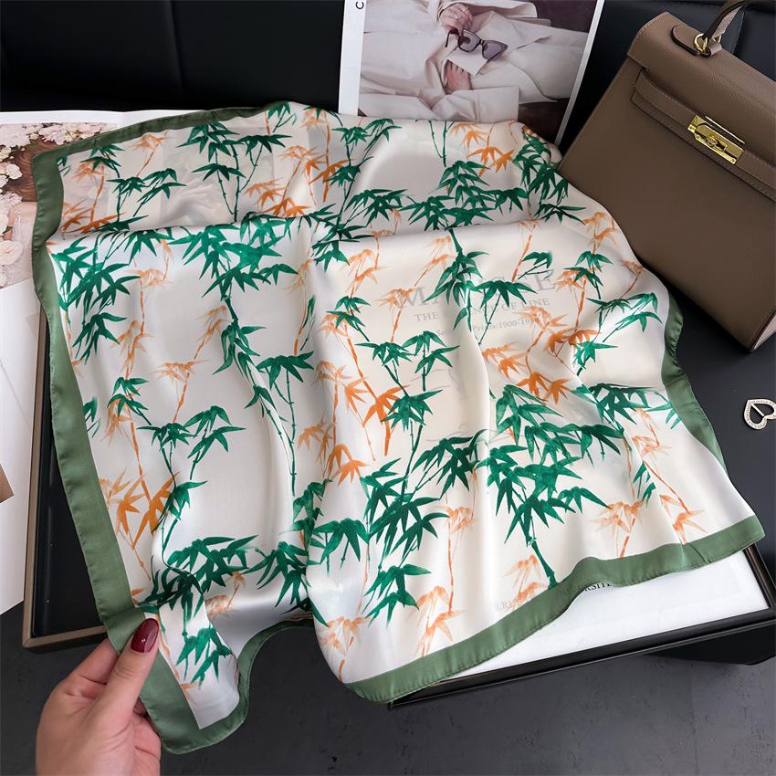 Bamboo Silk Scarf National Style Scarf Simulation Silk Small Square Scarf 70Cm Women'S Scarf Neck Protection Decorative Shawl Leaf Pattern