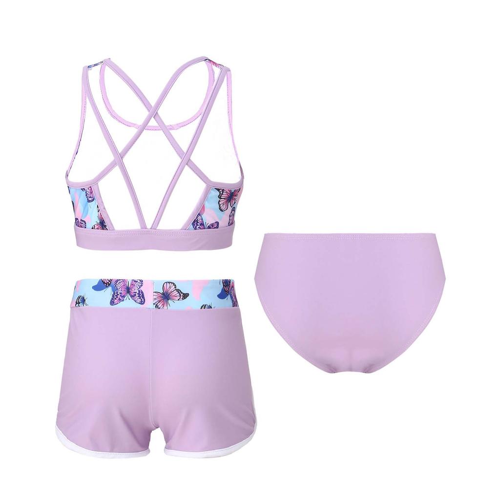 Kids Girls 3 Piece Swim Set U Neck Cross Back Crop Top with Swim Shorts and Briefs Beach Pool Rashguard Outfit Sun Protection
