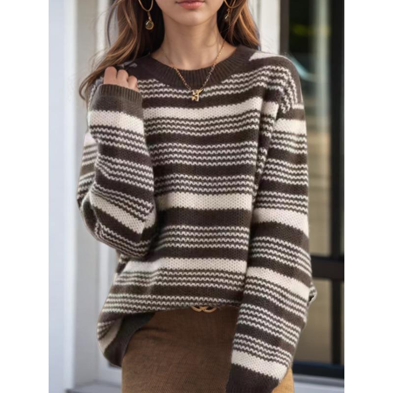 Tooxika Women's Clothing 2024 Autumn And Winter New Contrast Color Striped Pullover Sweater Top Round Neck Contrast Color Sweater For Women