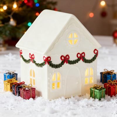 Christmas Village House Figurine LED Lighted White Small House Tabletop Decoration Winter Rustic Farmhouse Holiday Decor for Mantel Tabletop Room