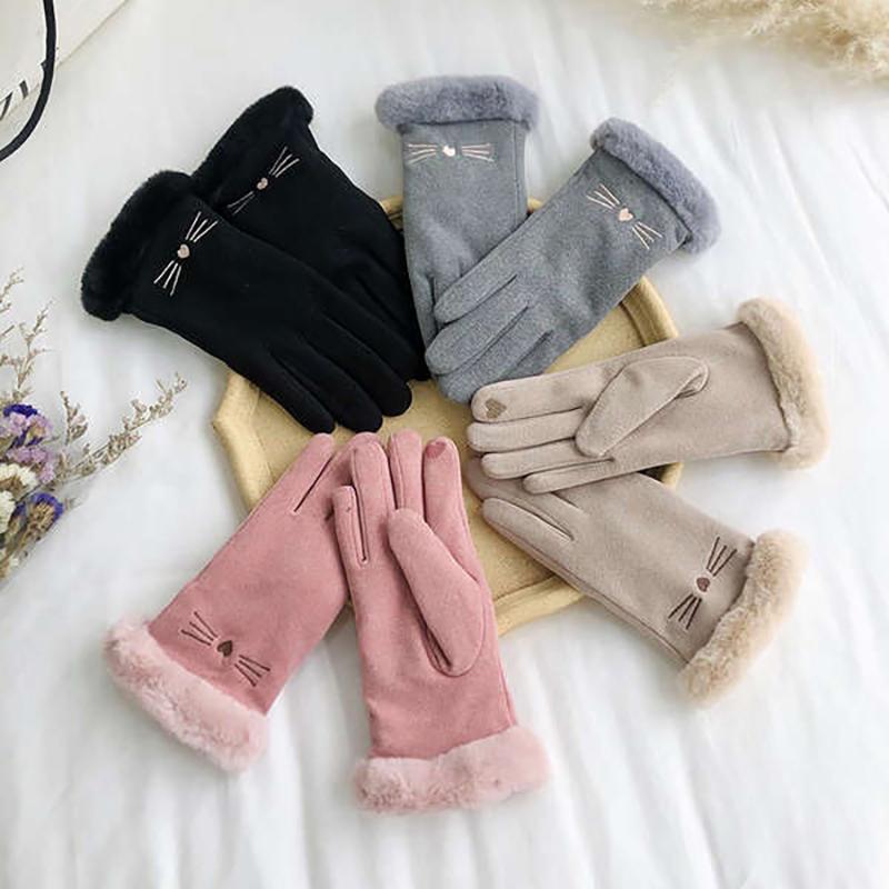 Autumn Winter Warm Suede Gloves Plus Velvet Thickened Plush Decor Cuff Gloves Outdoor Coldproof Touchscreen Riding Ski Gloves