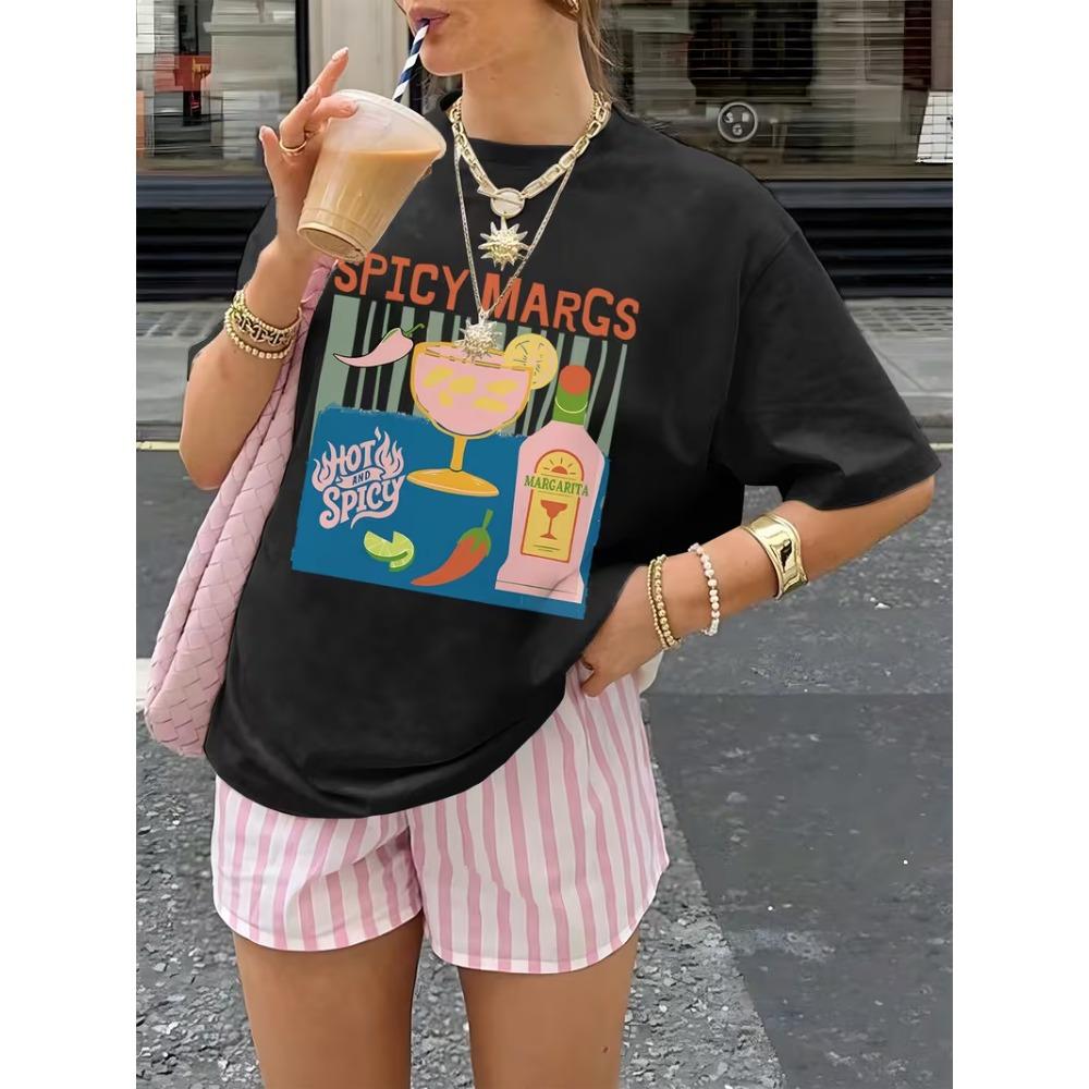 Summer Letter Drinks Cocktails Print T-Shirt Berry Cocktail Glass Graphic Women's White Casual Oversized Tee for Party