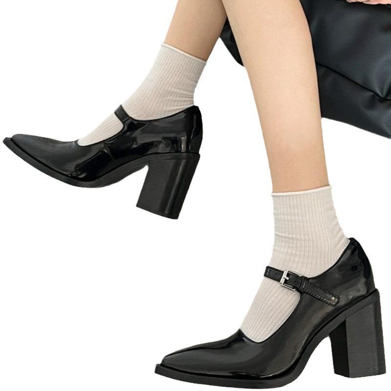 French Mary Jane High Heels Retro Word with Pointed Single Shoes Women's Autumn and Winter Black Thick Heel with Skirt Small Leather Shoes