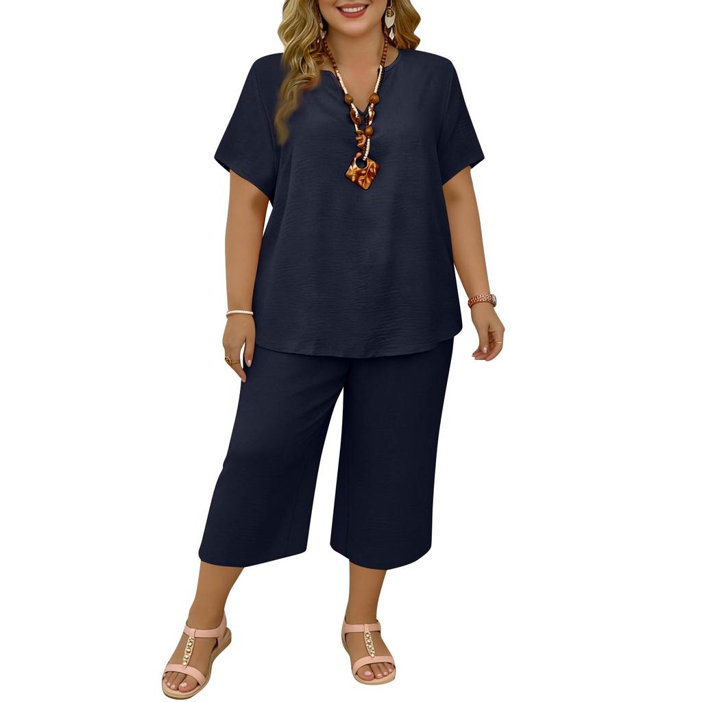 Women's 2,Piece Casual Color V Neck Short Sleeve Top And Wide Leg Pants Set