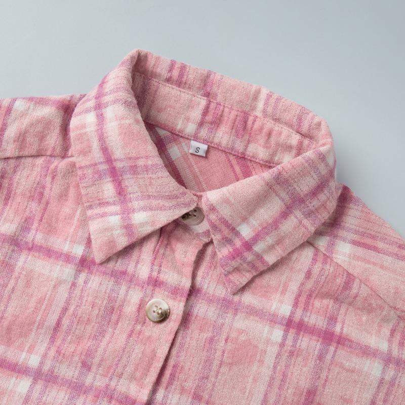 Camicia Casual Rosa a Quadri, Manica Lunga, Vestibilità Larga, Collo a Revers, per Uso Quotidiano