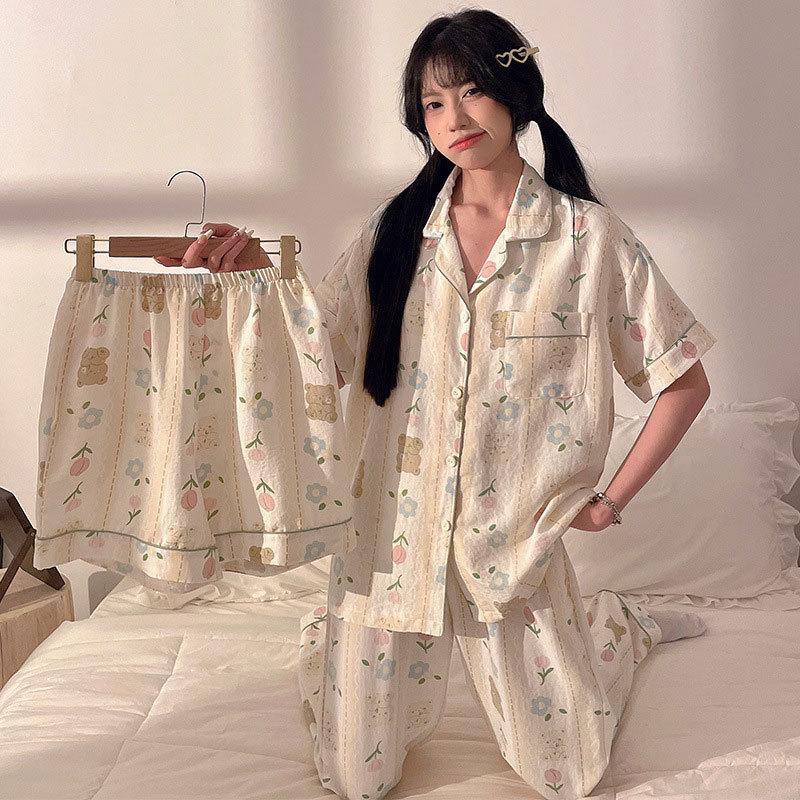 Bear pajamas women's summer short-sleeved shorts and trousers three-piece set women's loungewear can be worn outside