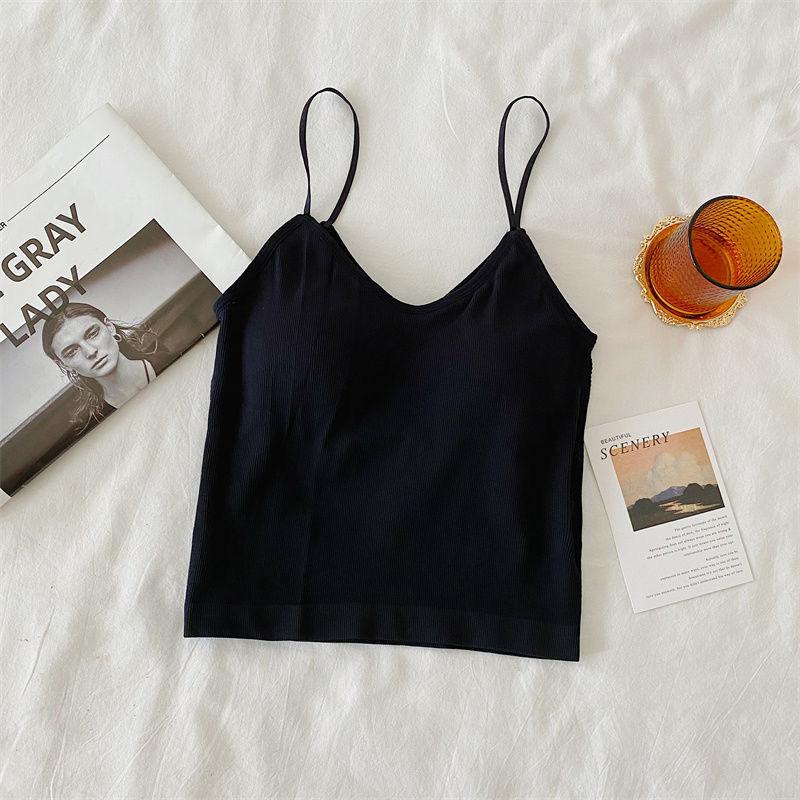 V-neck Suspender Top Women's Chest Pad Solid Color with Short Sleeveless Halter Sexy Tank Top