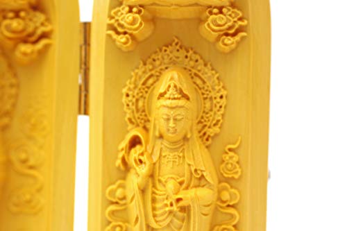 Standing Amitabha Triad Statue, Natural Boxwood, Approximately 10cm Tall, Carved with Amitabha, Kannon, and Seishi Bodhisattva, Three Open Buddhas [Pa