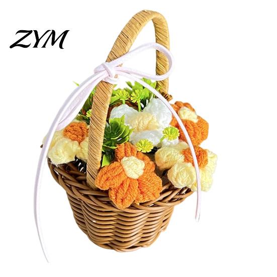 Artificial Flower Arrangement for Desk Hand Knitted Wool Basket, Decorative Mini Crocheted Floral with Simulation Art Home Ribbon, Plant Ornament