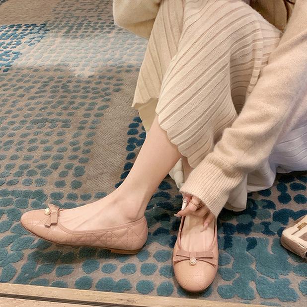 

Sheepskin French bow genuine leather Mary Jane shoes women s shallow mouth single shoes pearl ballet flats soft-soled ladyshoes 35