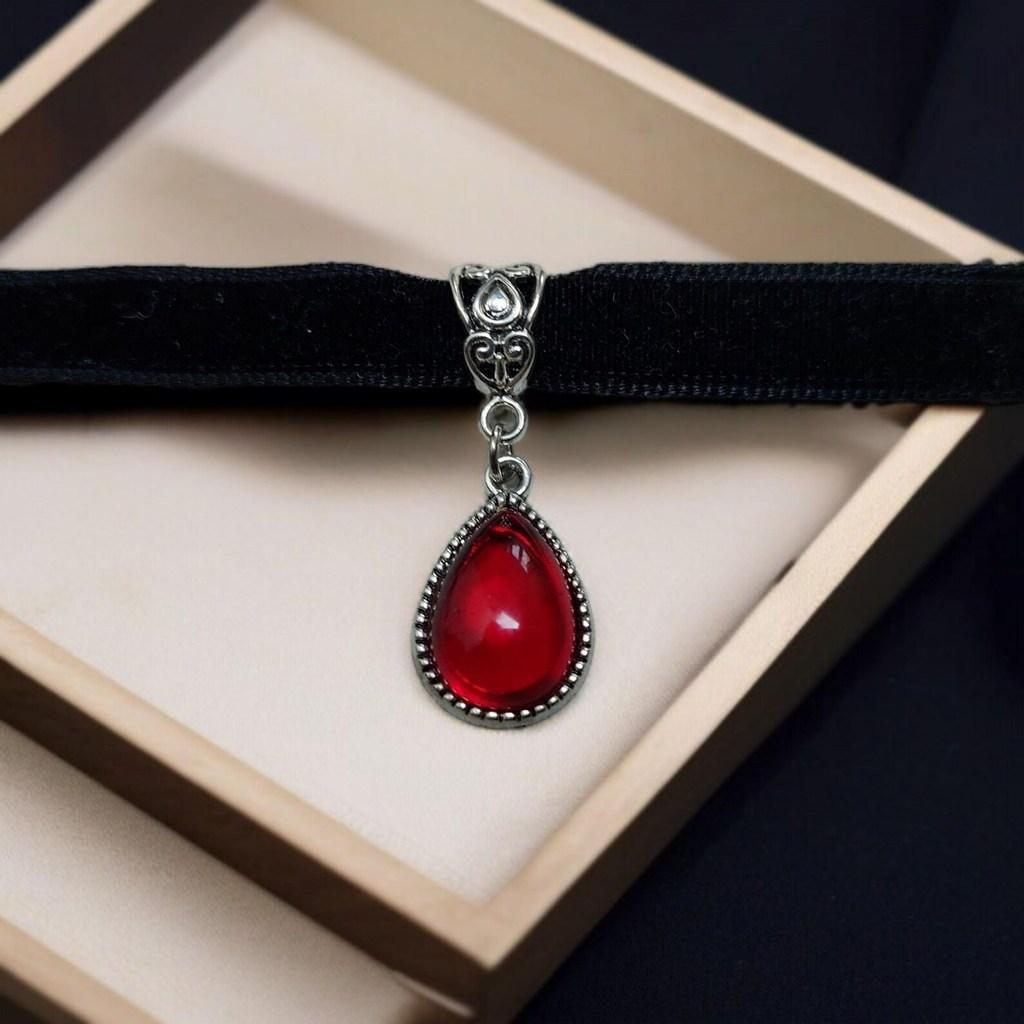 Gothic Vampire Necklace With Red Glass Drop And Silver Embedding For Women