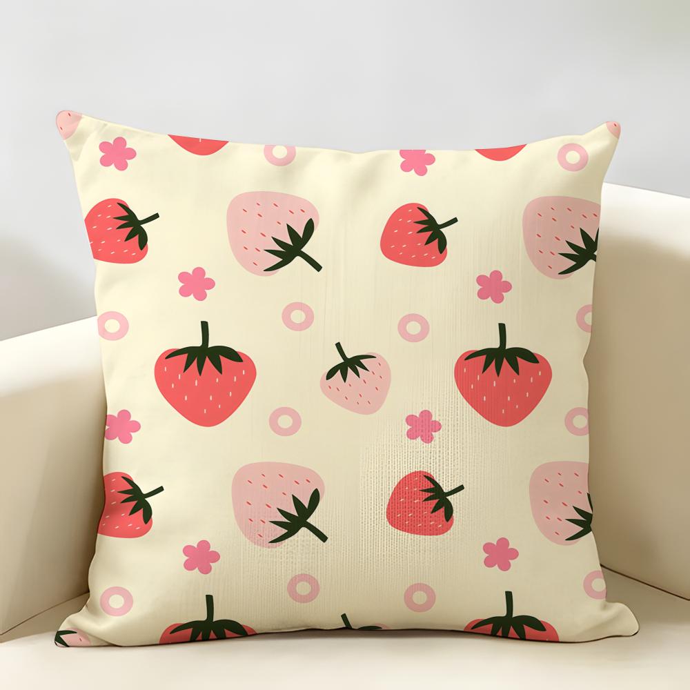 Cute Strawberry Girl Pink Cushion Cover Natural Linen Organic Fabric DoubleSided Printing Room Sofa Decor Pillow Case